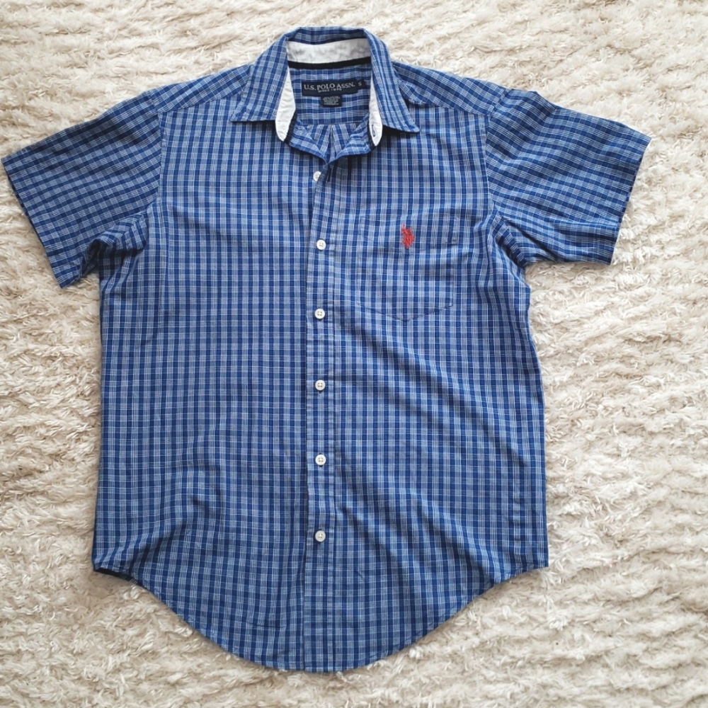 Boys U.S Polo Assn Gingham Plaid Blue Youth Small Shirt